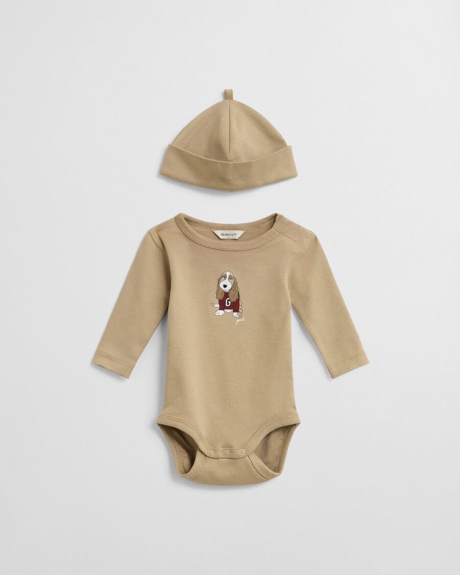 body y gorro con estampado de perro para bebé - caqui oscuro