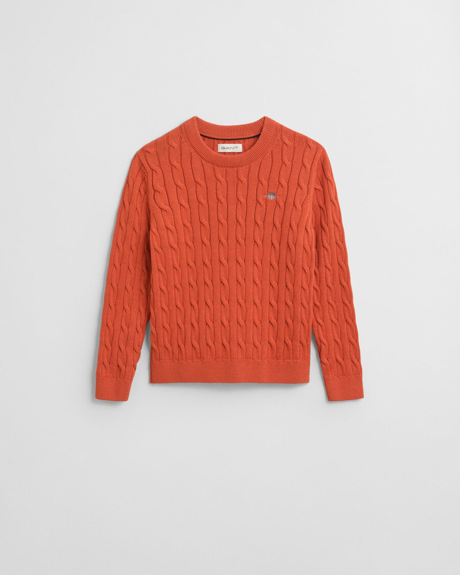 suéter de cuello redondo de punto trenzado de algodón kids shield - naranja intenso