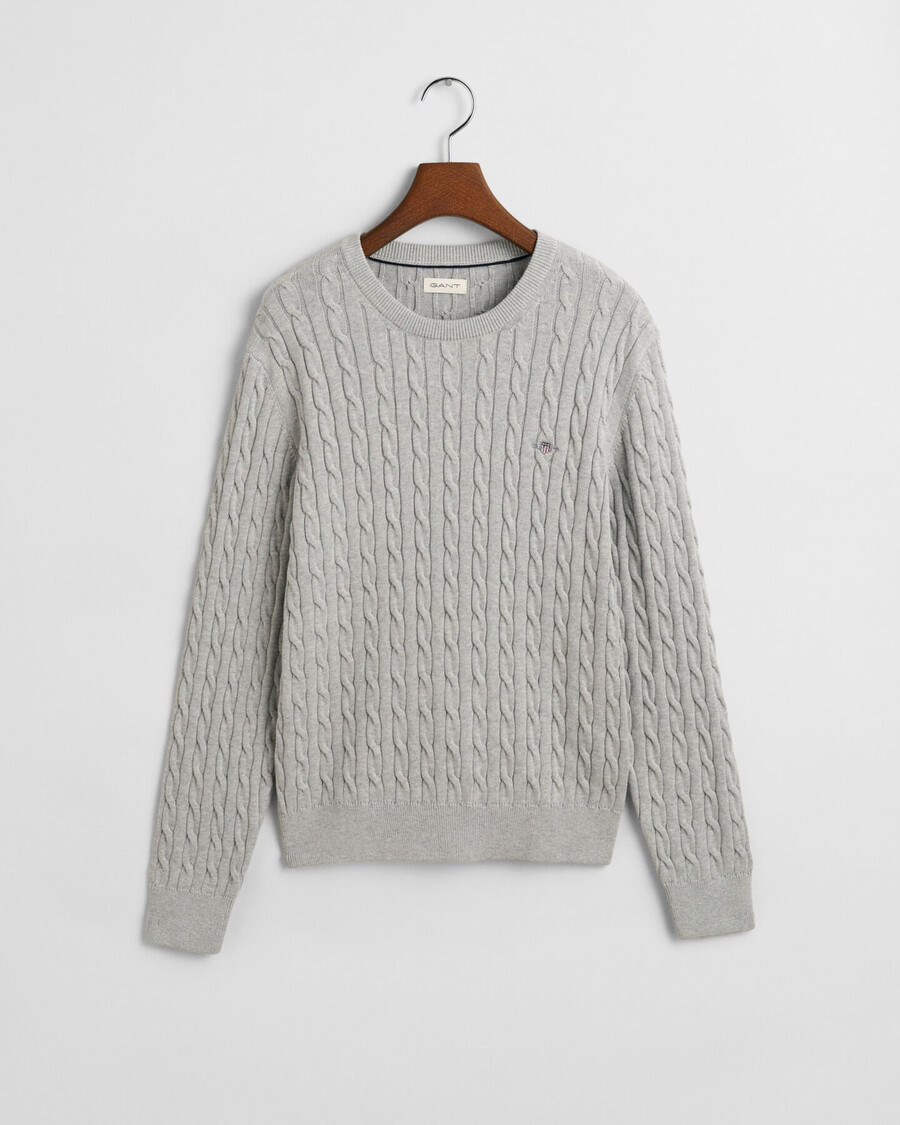 suéter de cuello redondo de punto trenzado de algodón teens shield - gris claro jaspeado