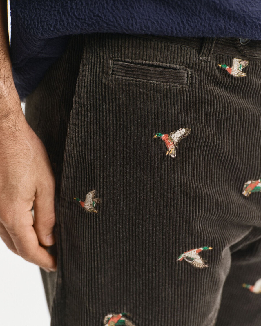 pantalones rectos de pana bordados - verde musgo oscuro