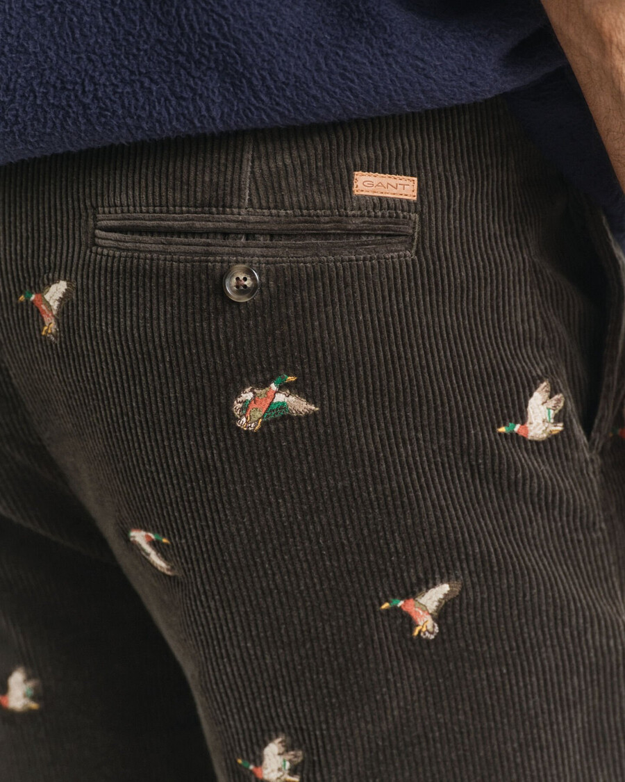 pantalones rectos de pana bordados - verde musgo oscuro