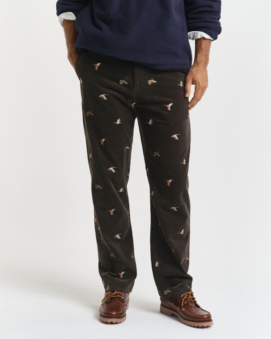 pantalones rectos de pana bordados - verde musgo oscuro