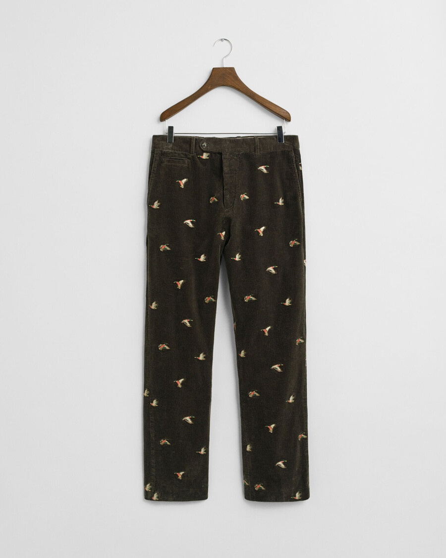 pantalones rectos de pana bordados - verde musgo oscuro
