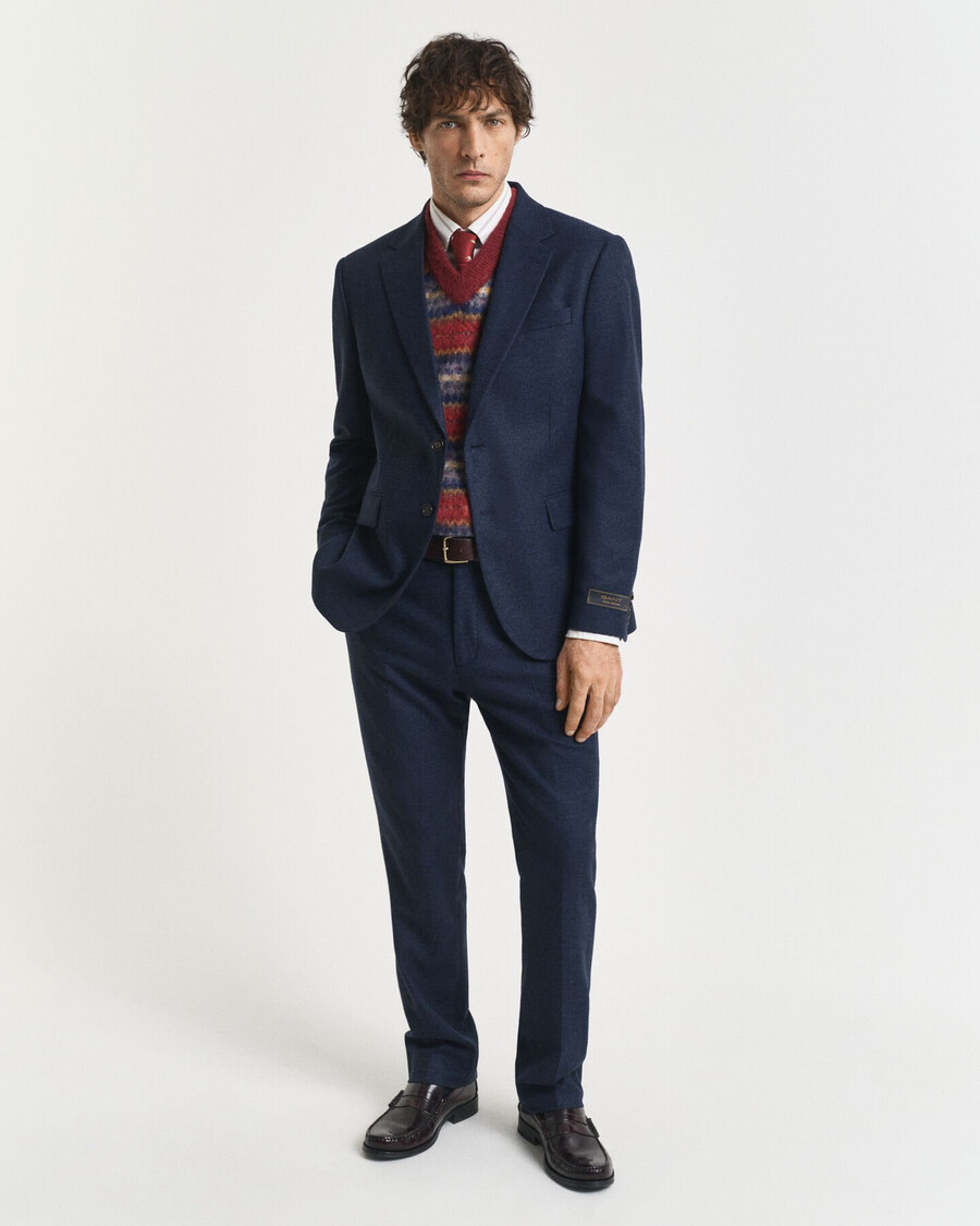 pantalón de traje de franela de espiga de corte entallado - azul noche
