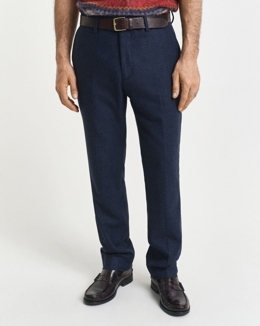 pantalón de traje de franela de espiga de corte entallado - azul noche