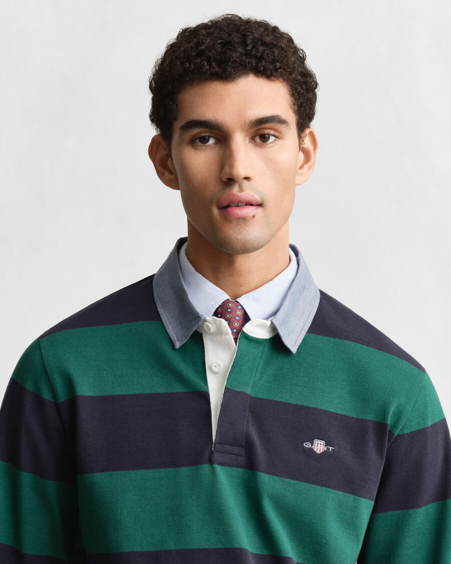 chaqueta de rugger pesada a rayas con cuello de chambray - verde bosque intenso