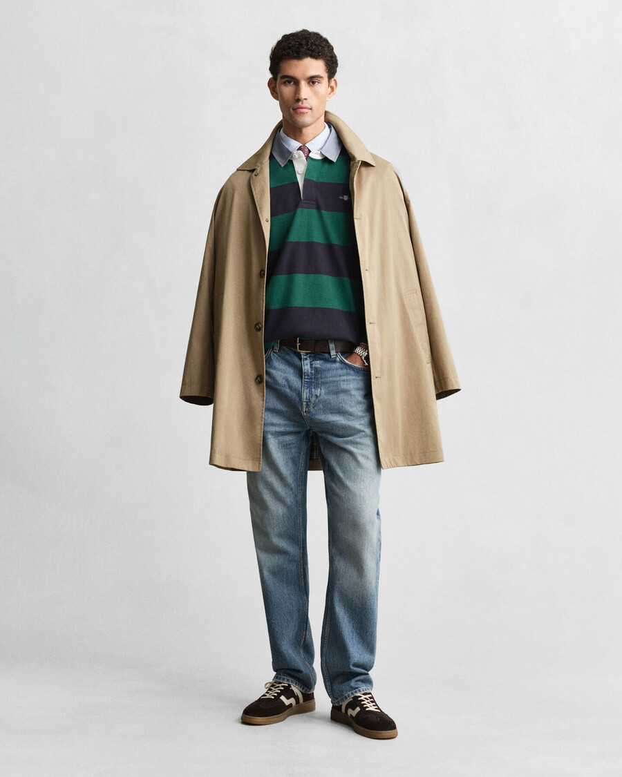 chaqueta de rugger pesada a rayas con cuello de chambray - verde bosque intenso