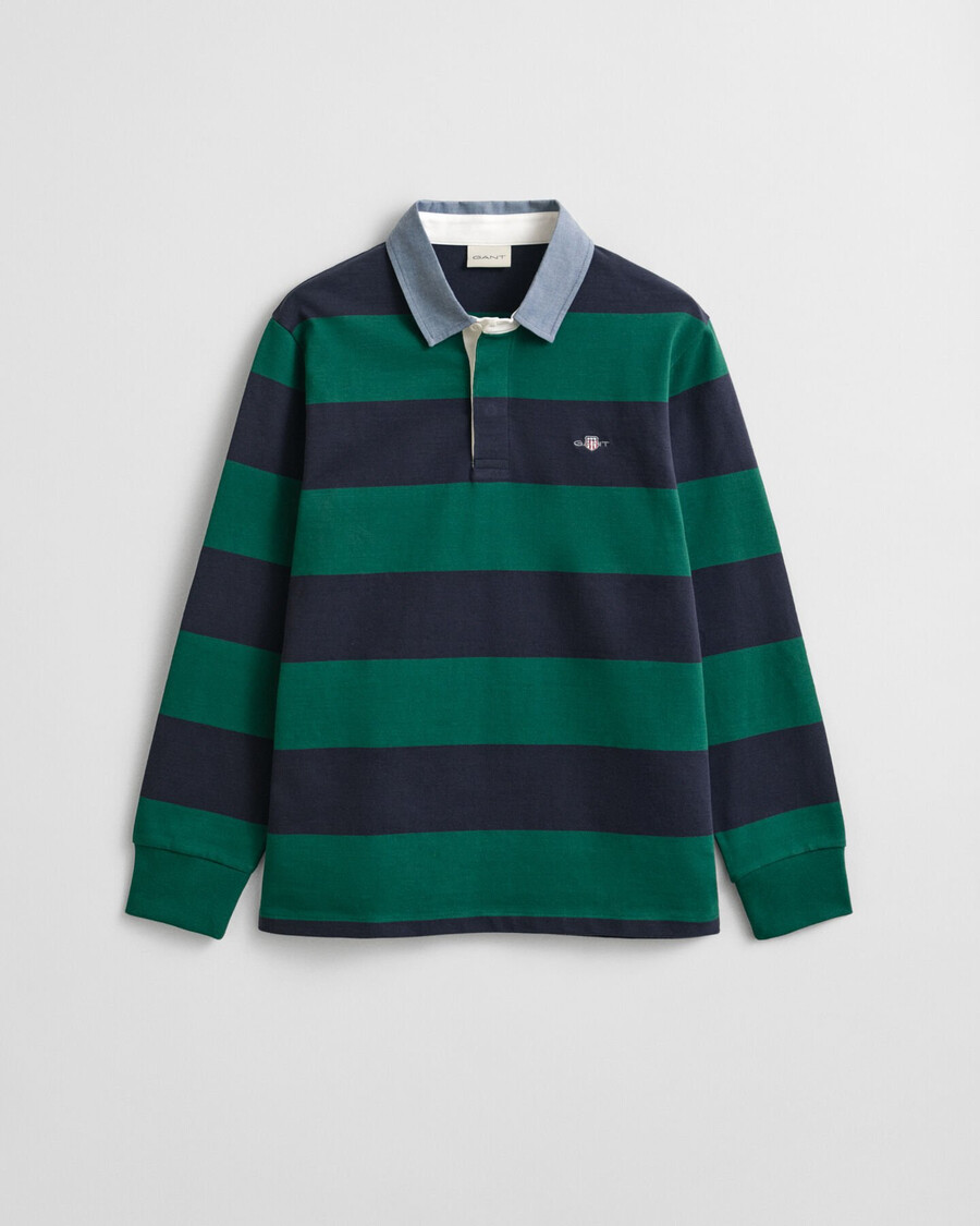 chaqueta de rugger pesada a rayas con cuello de chambray - verde bosque intenso