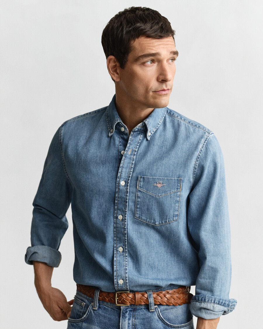 camisa vaquera de corte regular - azul semiclaro desgastada