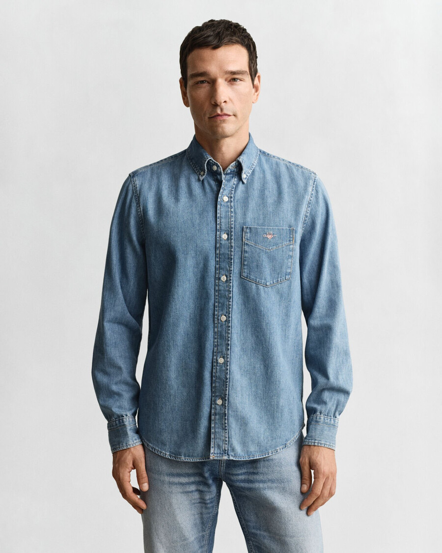 camisa vaquera de corte regular - azul semiclaro desgastada