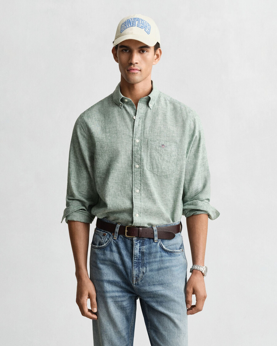 camisa de lino y algodón de corte regular - verde madera