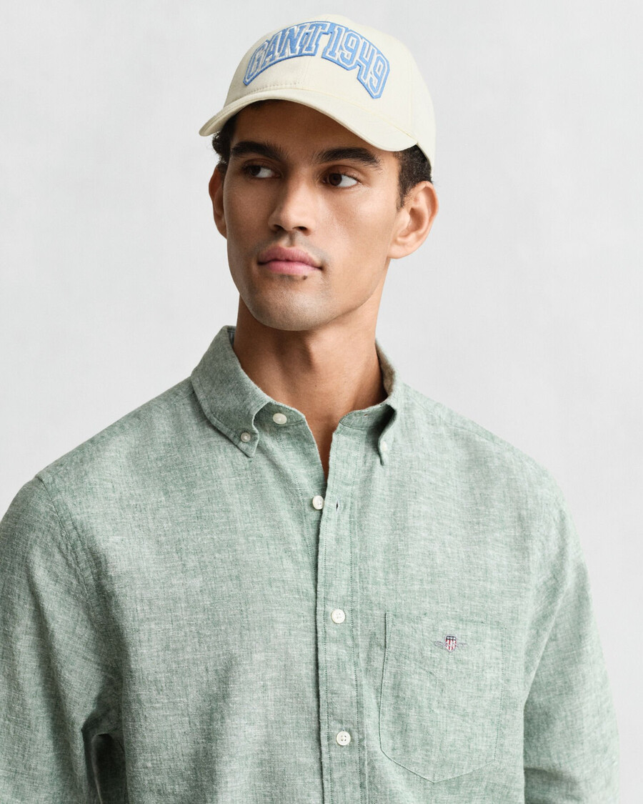 camisa de lino y algodón de corte regular - verde madera