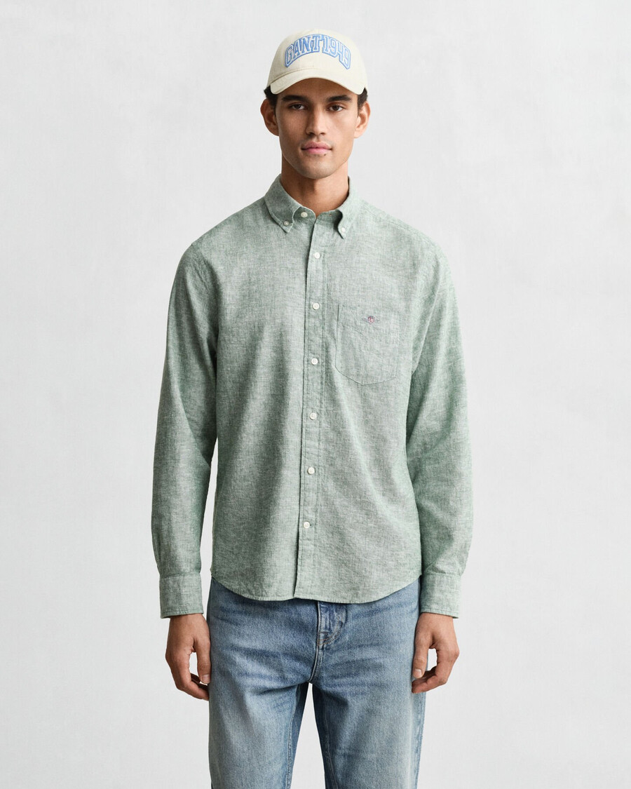 camisa de lino y algodón de corte regular - verde madera