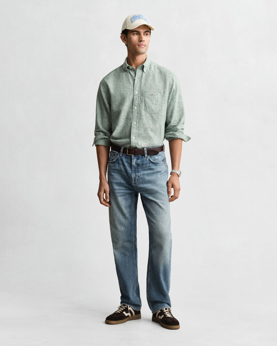 camisa de lino y algodón de corte regular - verde madera