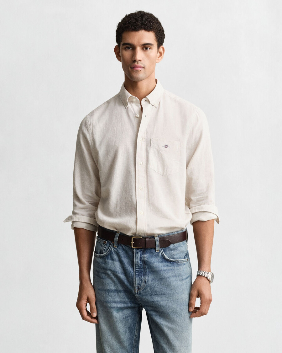 camisa de lino y algodón de corte regular - masilla