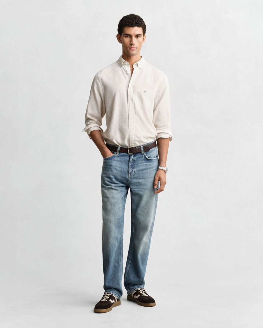camisa de lino y algodón de corte regular - masilla