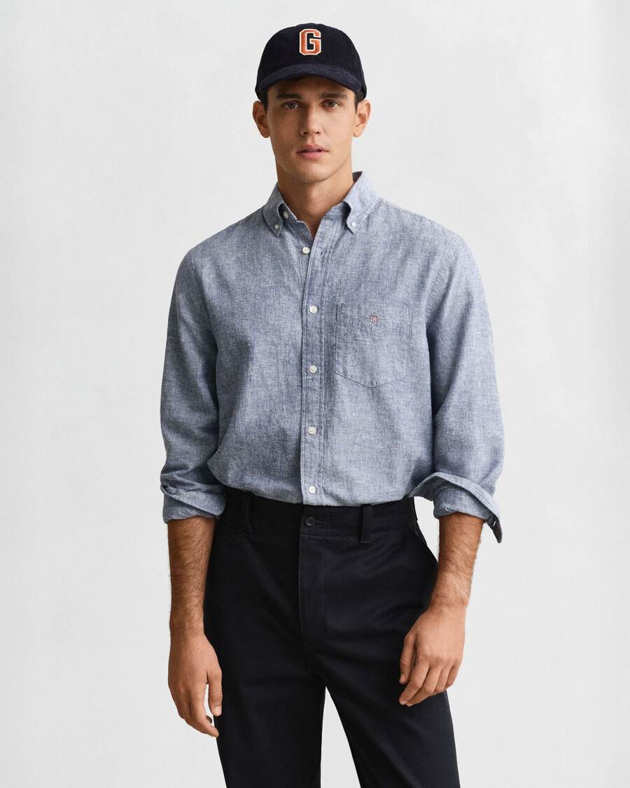 camisa de lino y algodón de corte regular - azul vintage