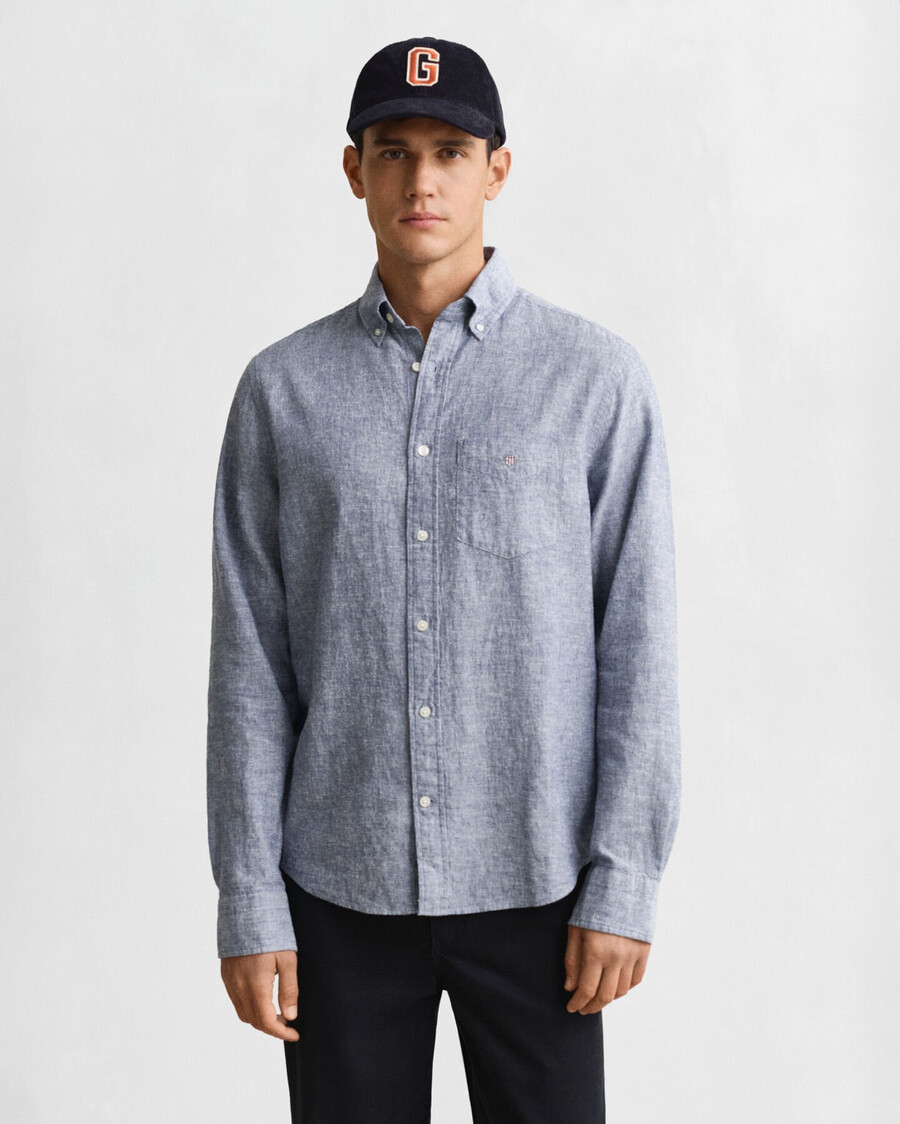 camisa de lino y algodón de corte regular - azul vintage