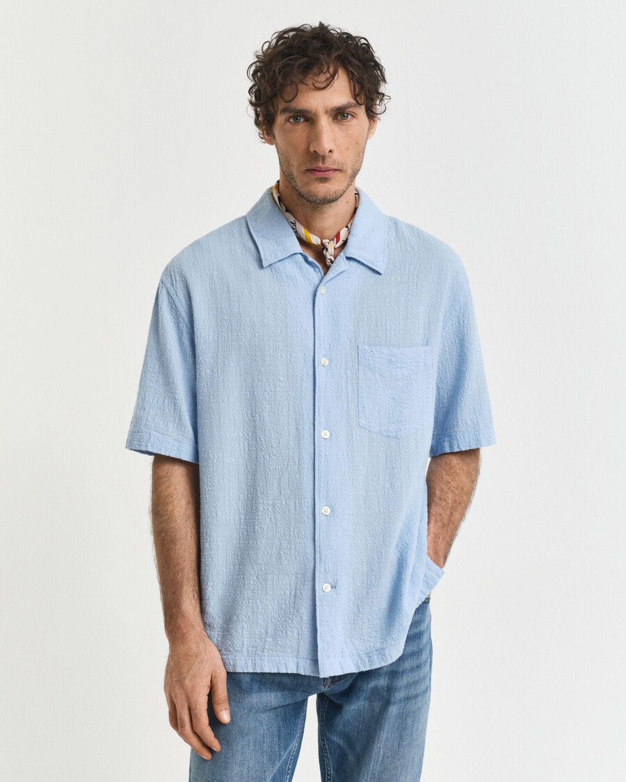 camisa de manga corta texturizada de corte relajado - azul capri