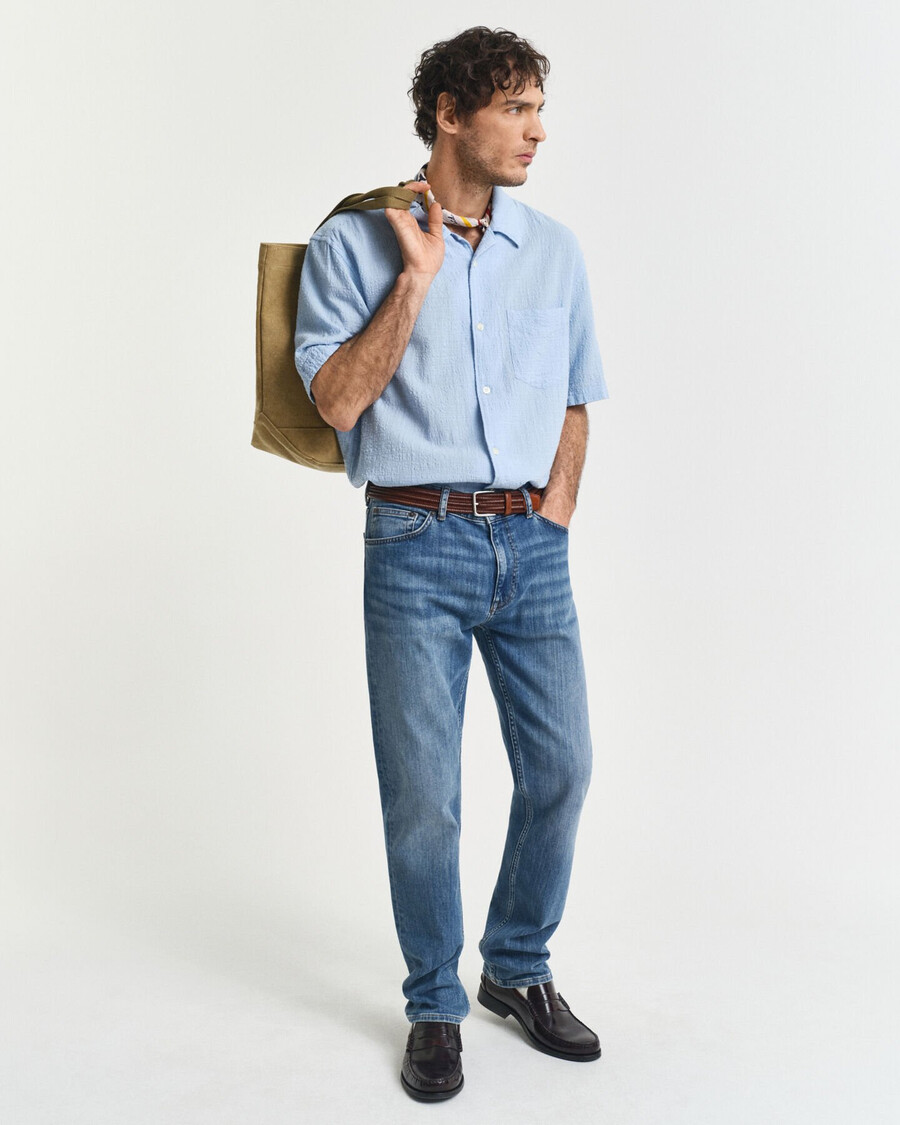 camisa de manga corta texturizada de corte relajado - azul capri