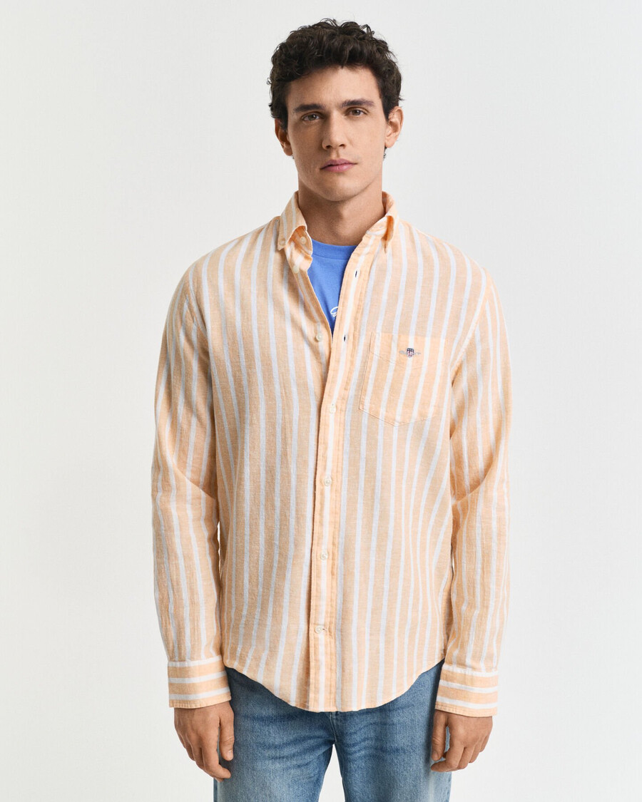 camisa de lino y algodón a rayas de corte regular - naranja melocotón