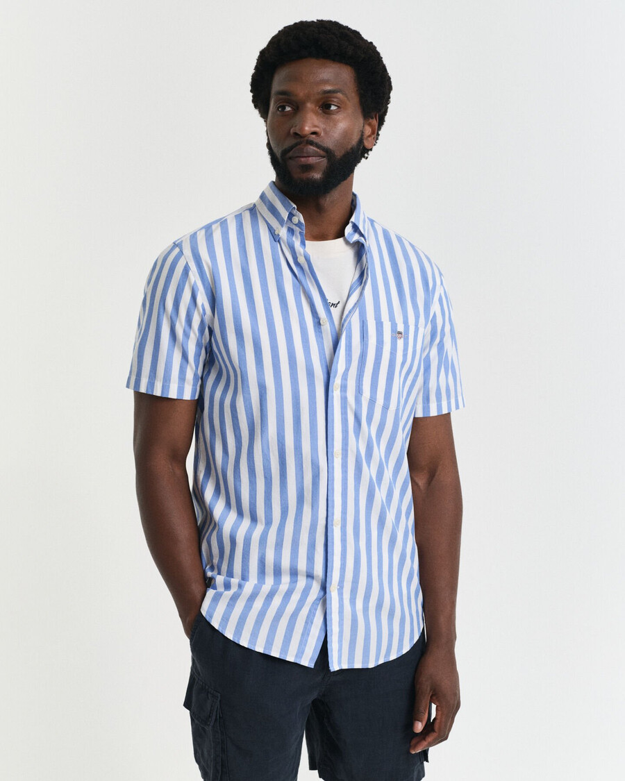 camisa clásica de popelina a rayas de manga corta y corte regular - azul perfecto