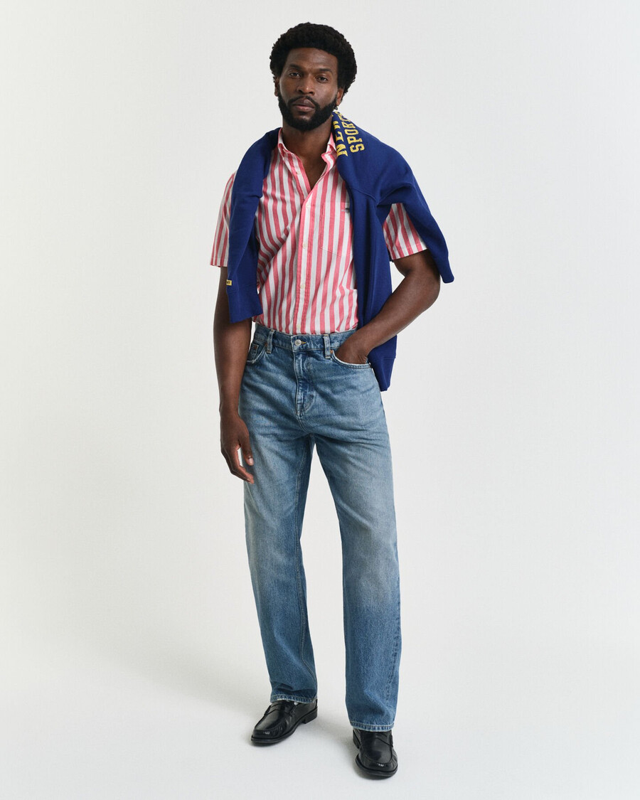 camisa clásica de popelina a rayas de manga corta y corte regular - rojo sandía