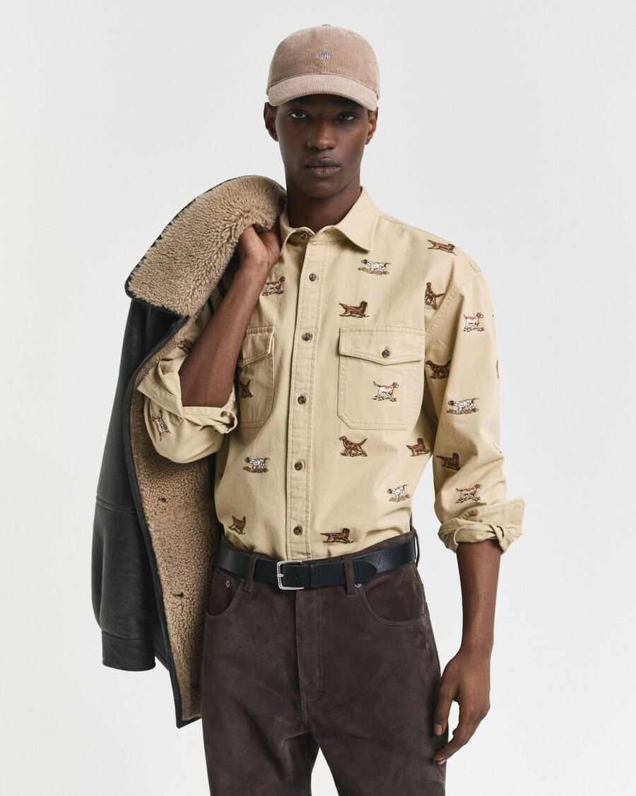 camisa de sarga bordada de corte relajado - beige roble