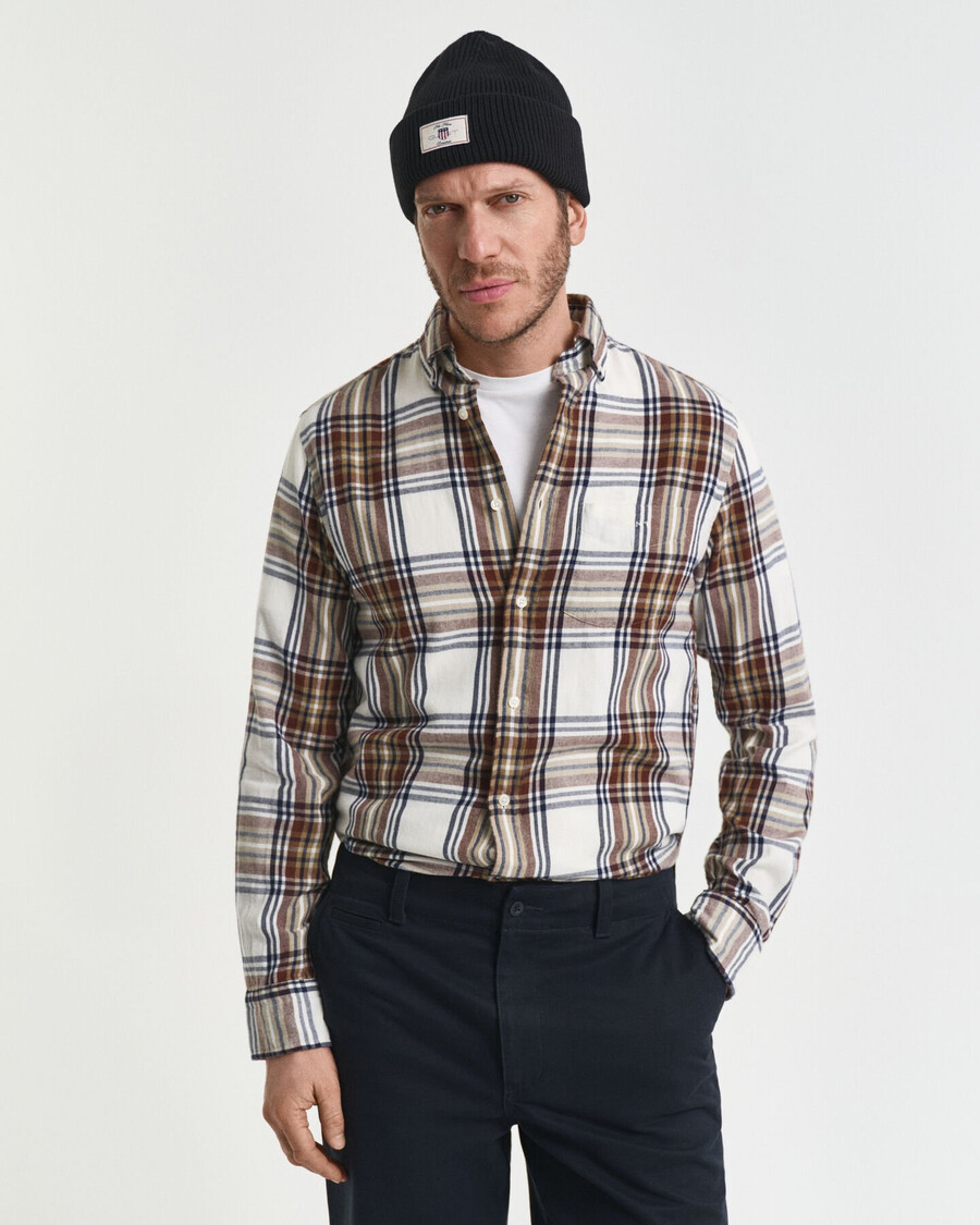 camisa de franela a cuadros con efecto desgastado y corte regular - crema