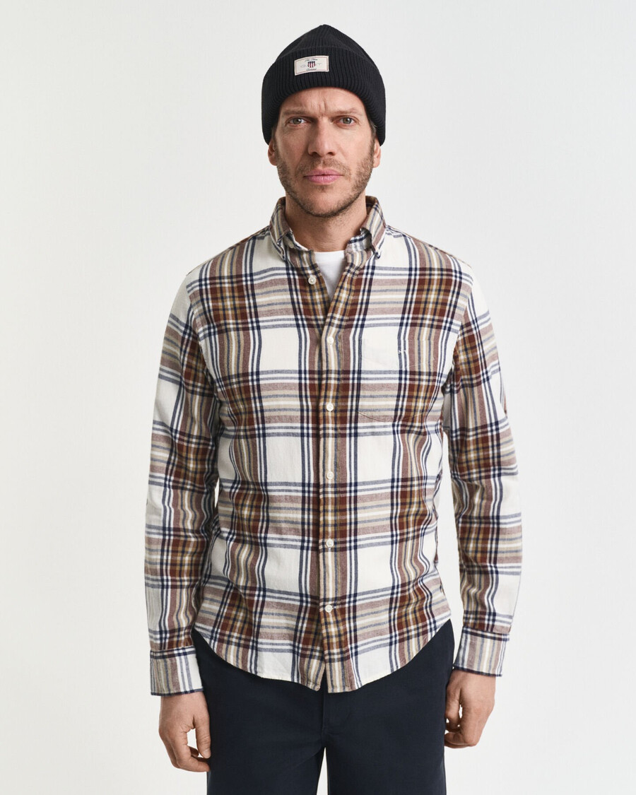 camisa de franela a cuadros con efecto desgastado y corte regular - crema