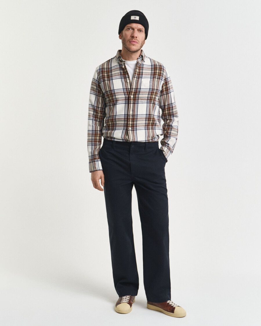 camisa de franela a cuadros con efecto desgastado y corte regular - crema