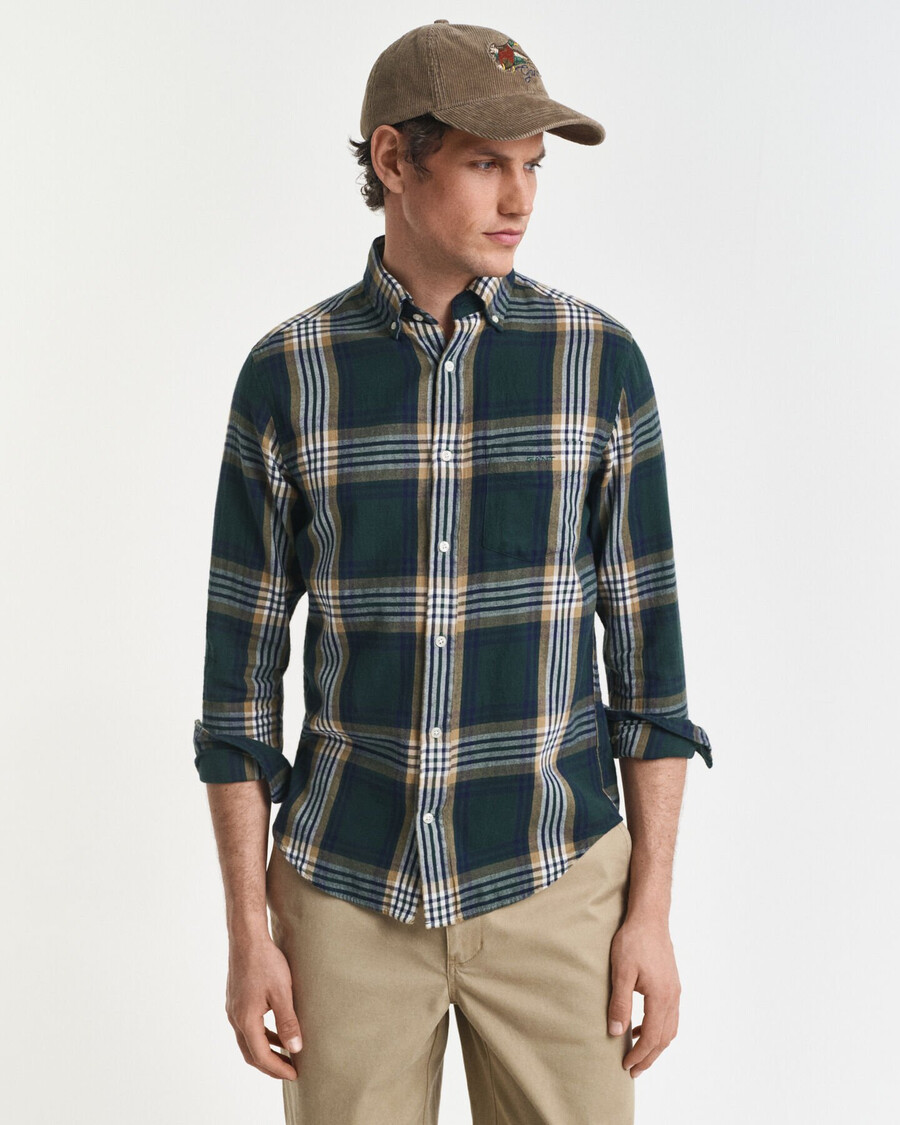 camisa de franela a cuadros de corte regular y efecto viento - verde tartán