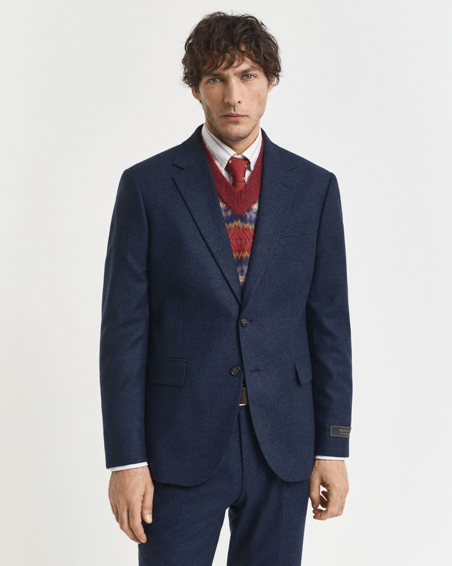 chaqueta de traje de franela de espiga de corte entallado - azul noche