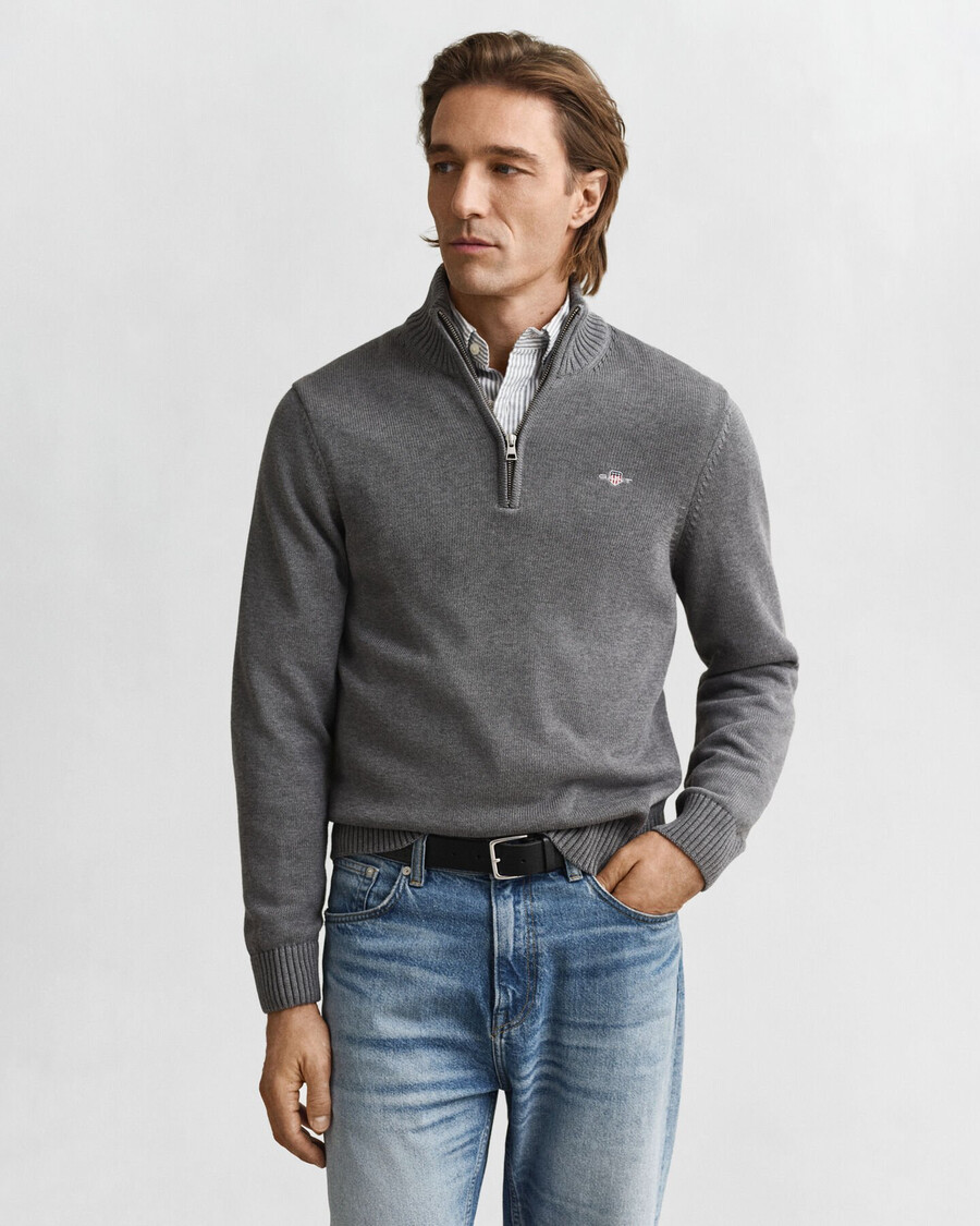 suéter informal de algodón con media cremallera - gris oscuro melange