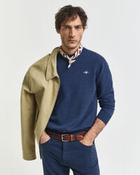 suéter clásico de algodón con cuello redondo - dk jeansblue melange