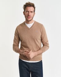 suéter clásico de algodón con cuello en v - dk sand melange