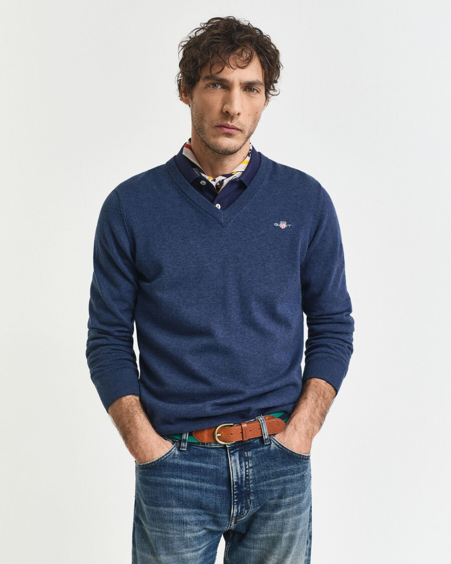 suéter clásico de algodón con cuello en v - dk jeansblue melange