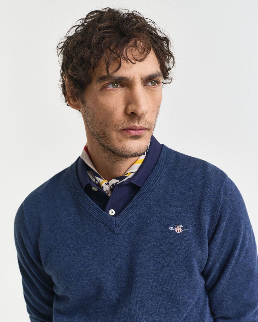 suéter clásico de algodón con cuello en v - dk jeansblue melange