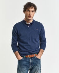suéter clásico de algodón con cuello en v - dk jeansblue melange