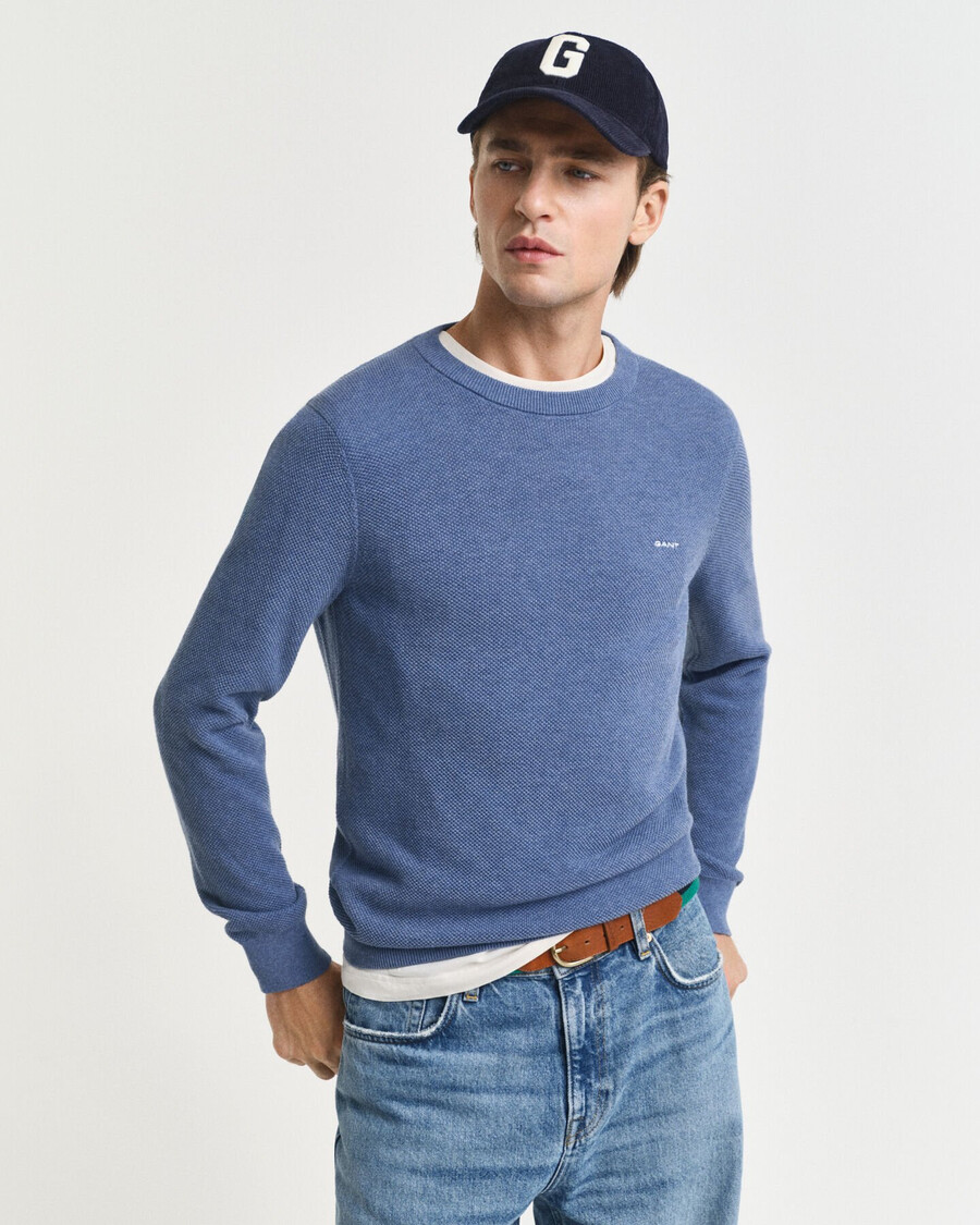 suéter de cuello redondo de piqué de algodón - azul vaquero melange
