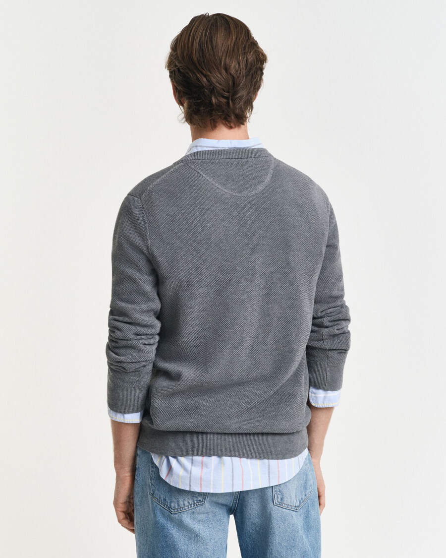 suéter de cuello redondo de piqué de algodón - gris oscuro melange