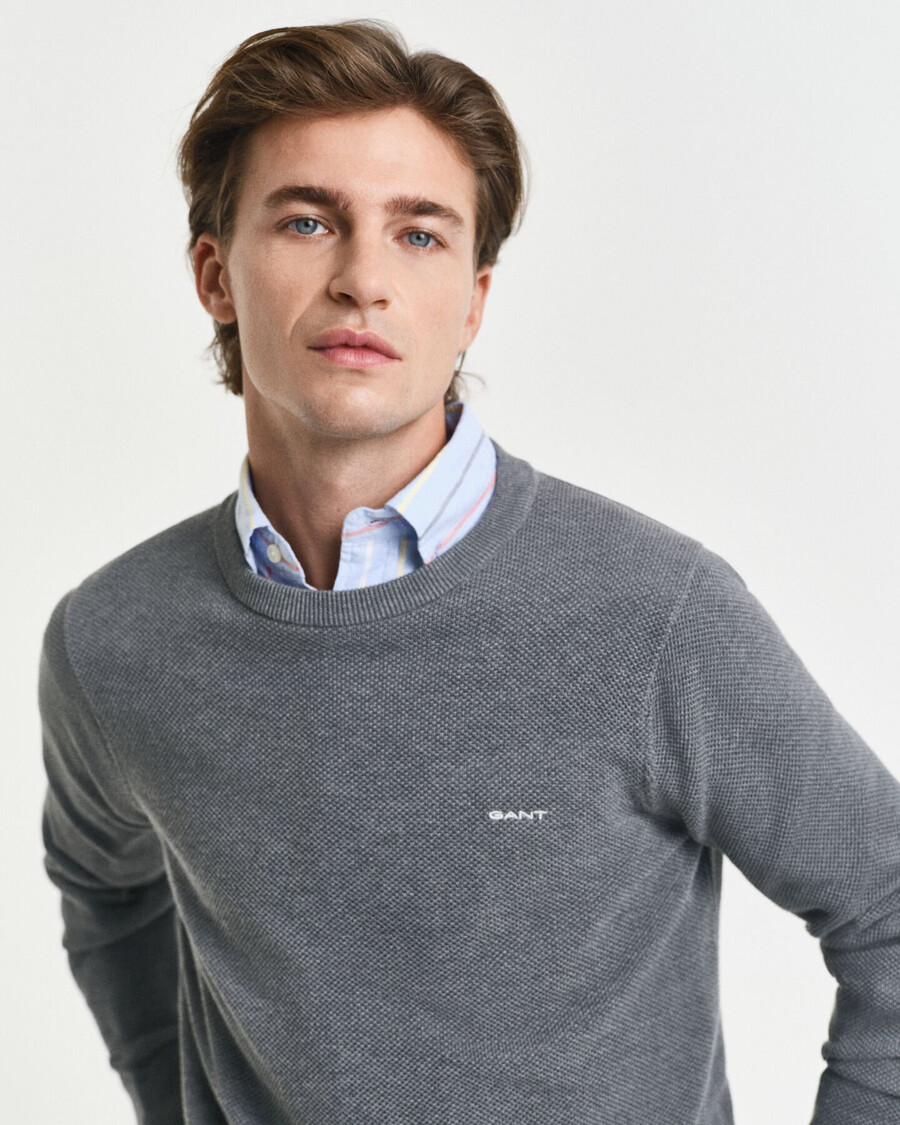 suéter de cuello redondo de piqué de algodón - gris oscuro melange