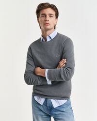 suéter de cuello redondo de piqué de algodón - gris oscuro melange
