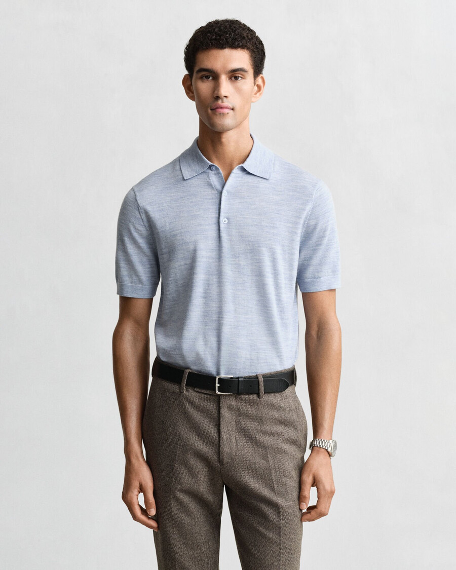 suéter tipo polo de manga corta de lana merino extrafina - azul claro jaspeado