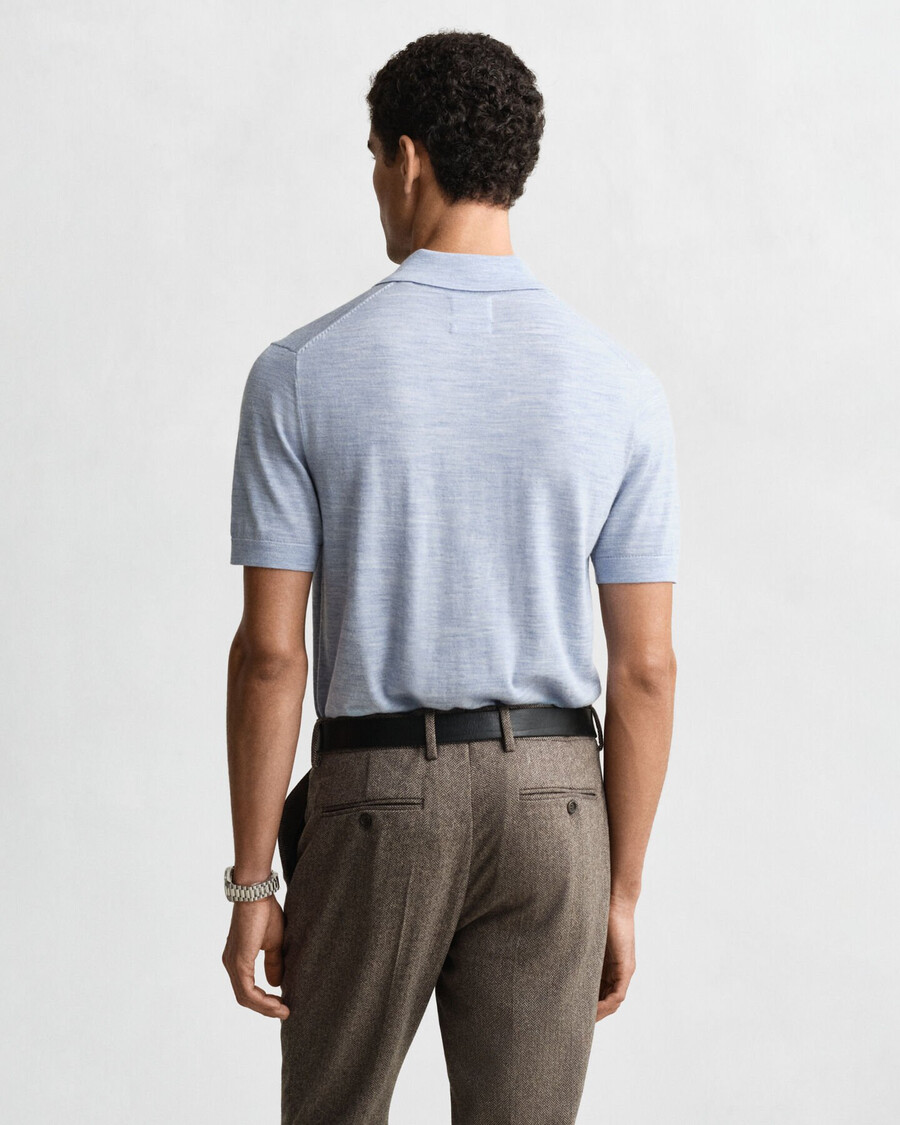 suéter tipo polo de manga corta de lana merino extrafina - azul claro jaspeado