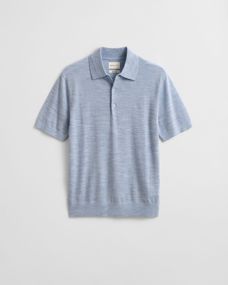 suéter tipo polo de manga corta de lana merino extrafina - azul claro jaspeado