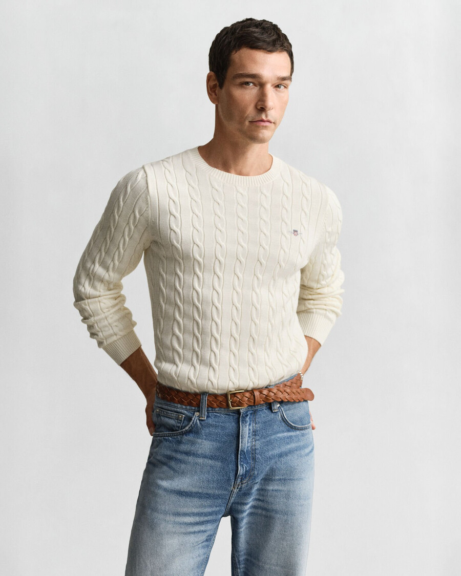 suéter de cuello redondo de punto trenzado de algodón - crema