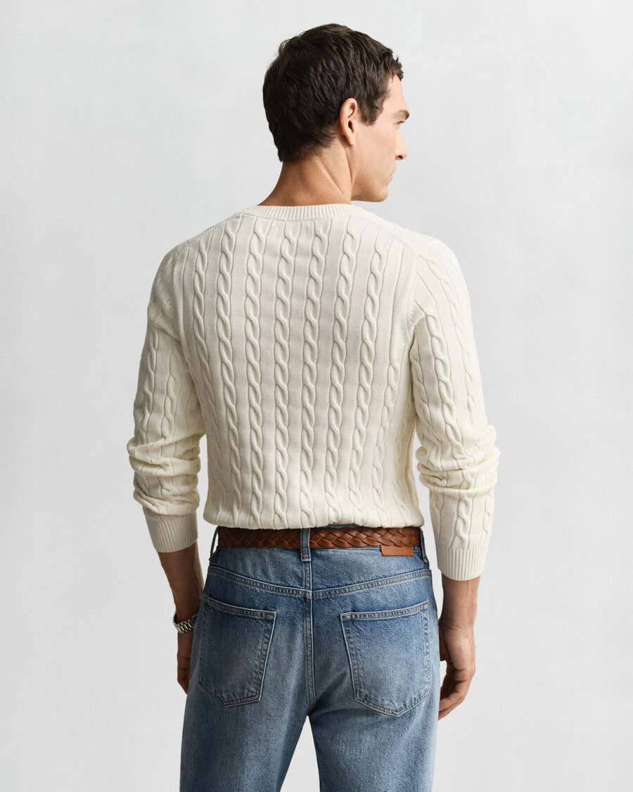 suéter de cuello redondo de punto trenzado de algodón - crema