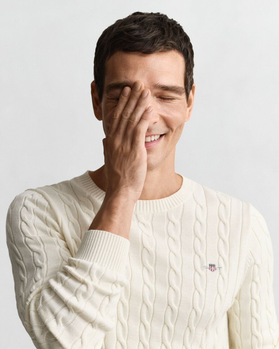 suéter de cuello redondo de punto trenzado de algodón - crema