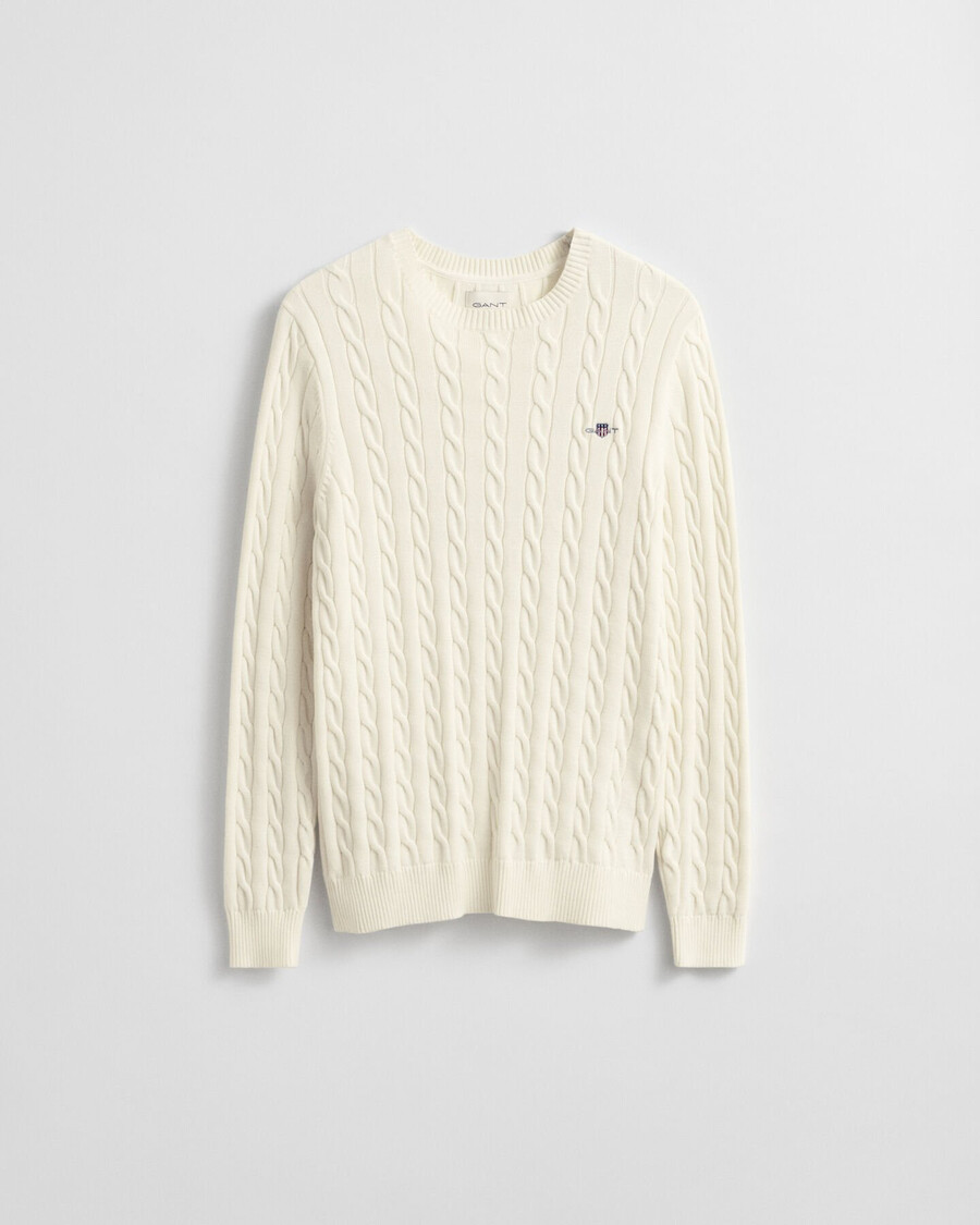 suéter de cuello redondo de punto trenzado de algodón - crema